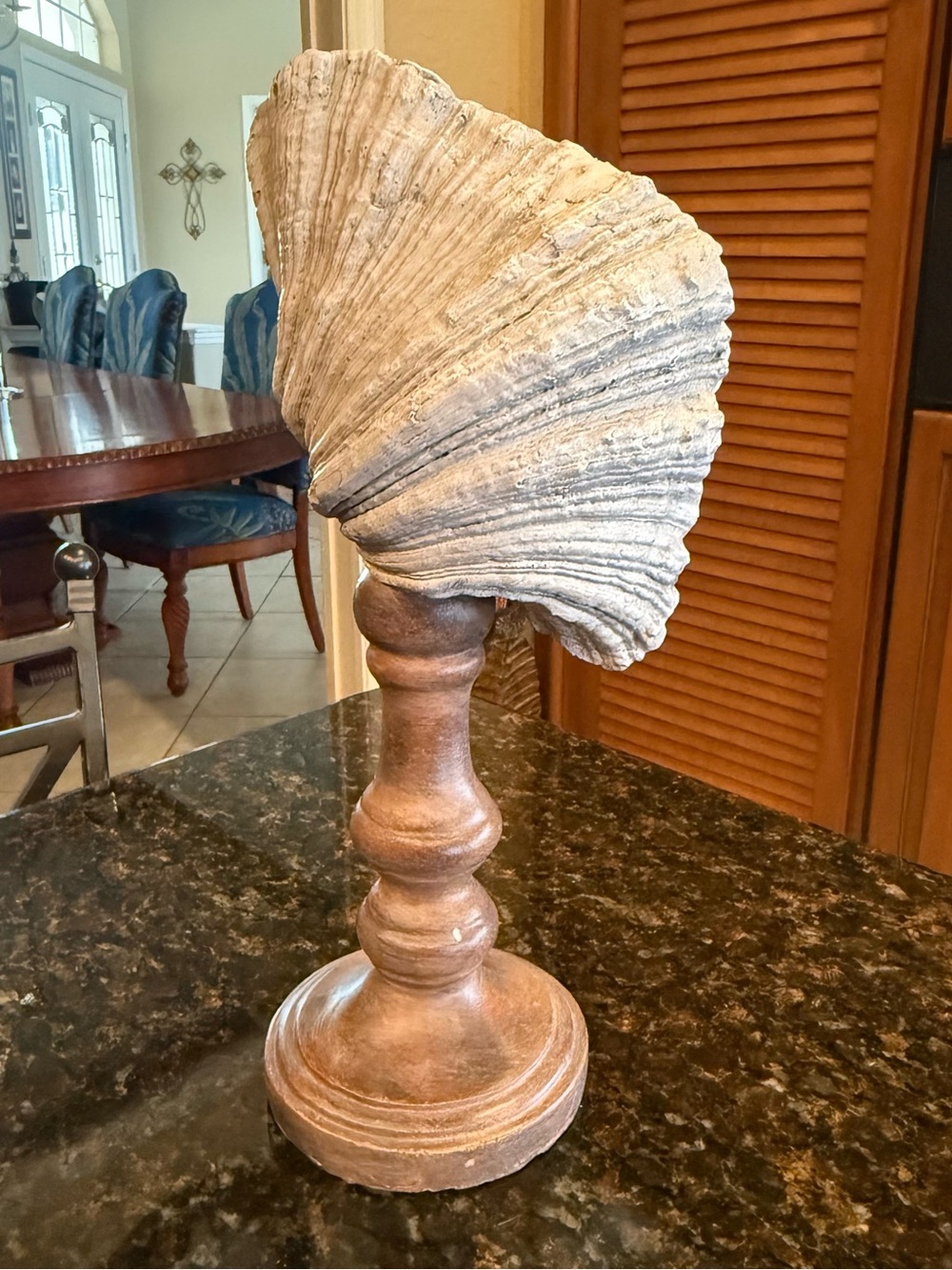 Vintage Seashell Sculpture on Antique Brown Wood Pedestal Stand